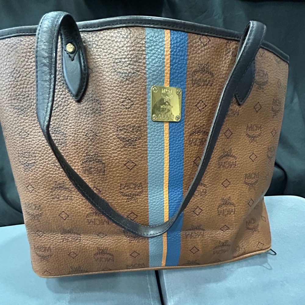 MCM Cognac Tote with Blue and Orange Accents